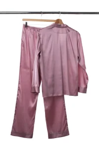 Natural Silk Pajama Set – Long Sleeve Shirt & Pants (Red / Ash Rose)